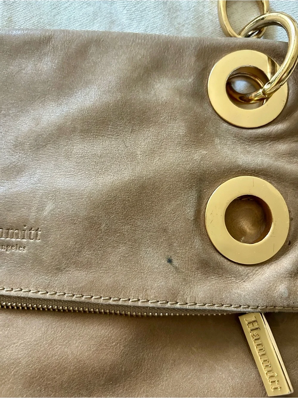 Hammitt Tan Leather Crossbody Bag with Gold Grommet Accents